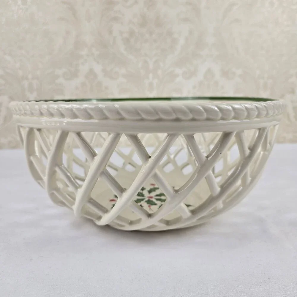 Lenox Holiday Open Weave Bread Basket Porcelain Cream Holly & Berries IOB